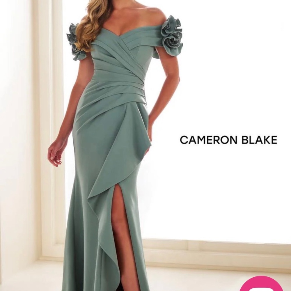 Terry Costa Cameron Blake off shoulder ruffle evening dress cb209. Eucalyptus